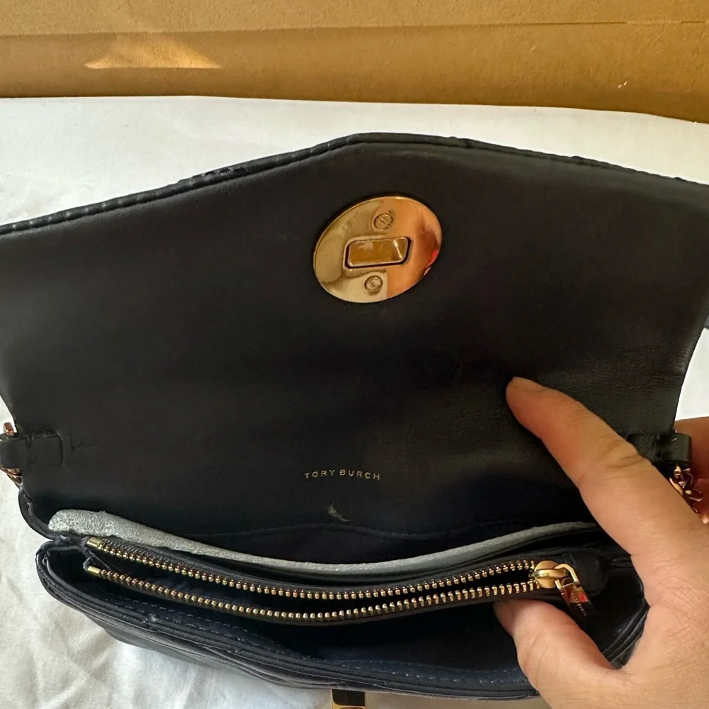 Tory Burch Black Quilted Leather Crossbody Bag with Gold Hardware